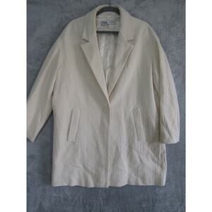 Zara Woman Cream Textured Longline Coat Medium Minimalist Lined Overcoat Jacket